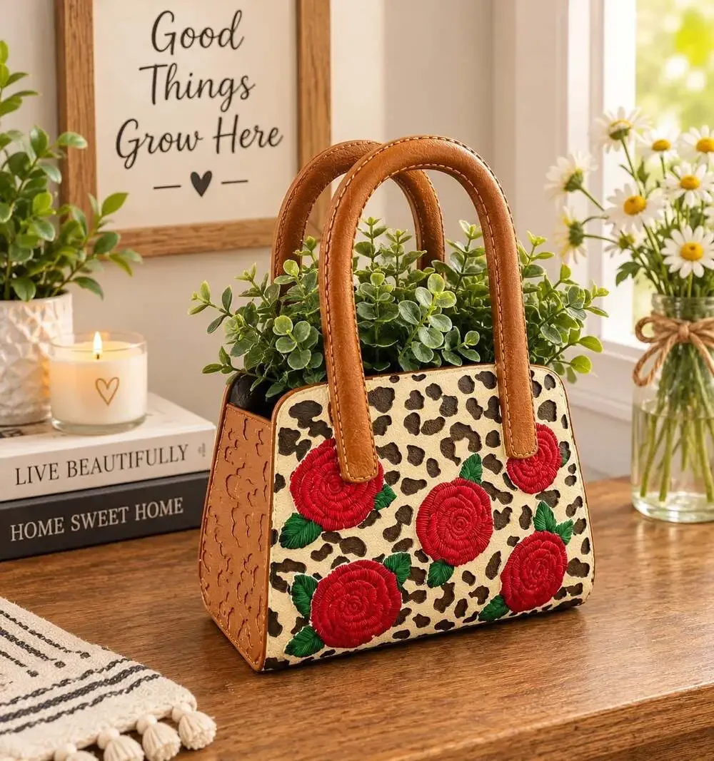 New Large Red Rose Purse Western Whimsical Flower Pot Planter Vase Home Decor
